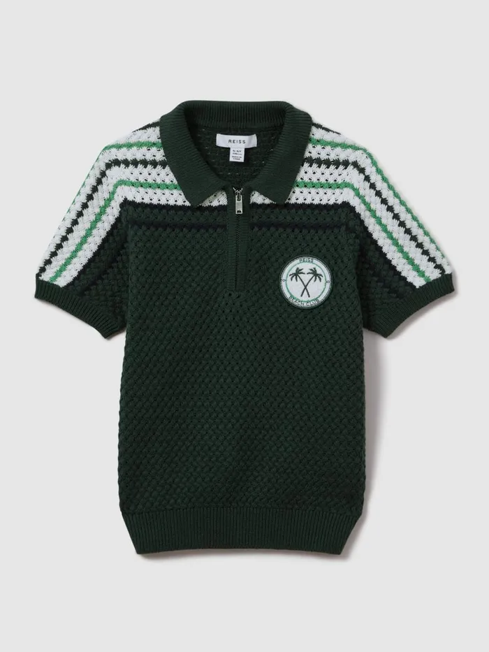Children Reiss Polo Shirts Stark Textured Cotton Half Zip Polo Shirt Dark Green