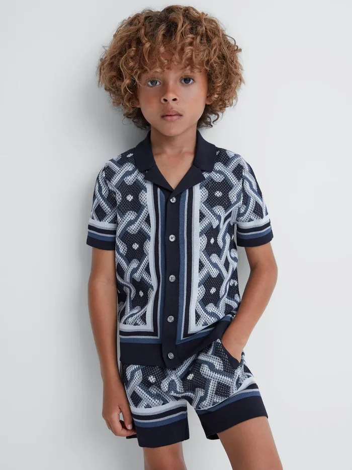 Children Reiss Shirts Hyde Knitted Cuban Collar ButtonThrough Shirt Navy Multi