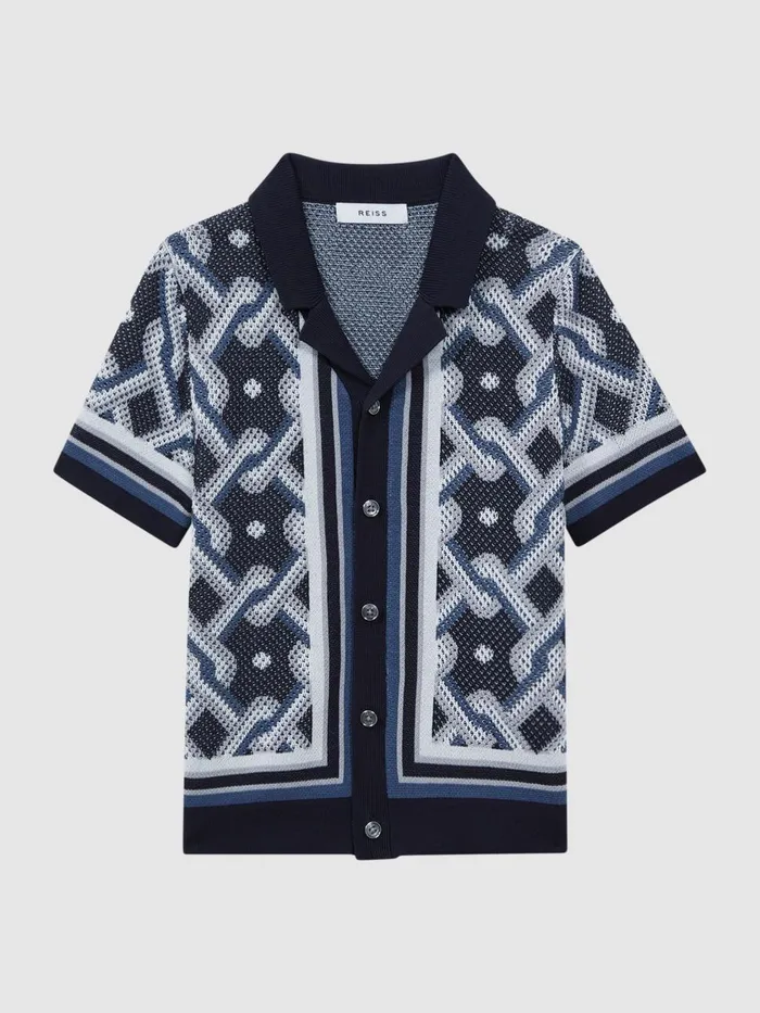 Children Reiss Shirts Hyde Knitted Cuban Collar ButtonThrough Shirt Navy Multi