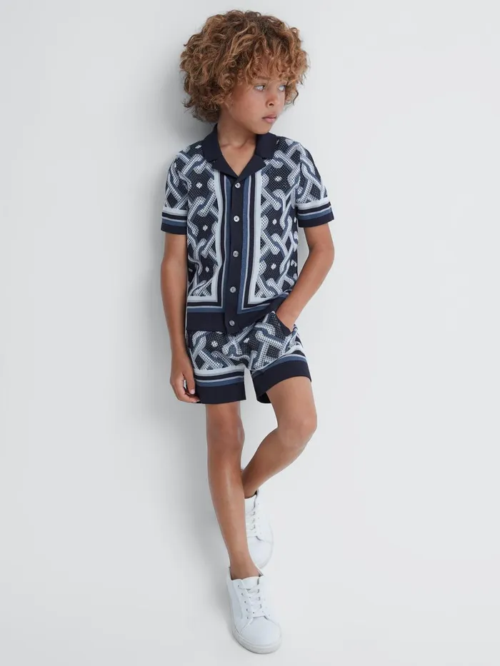 Children Reiss Shirts Hyde Knitted Cuban Collar ButtonThrough Shirt Navy Multi