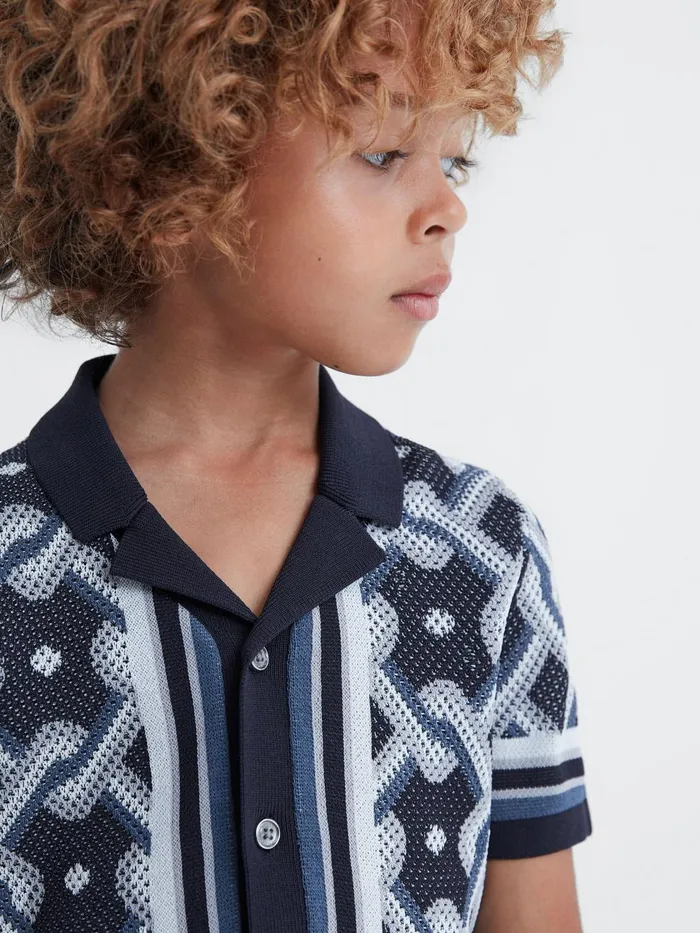 Children Reiss Shirts Hyde Knitted Cuban Collar ButtonThrough Shirt Navy Multi