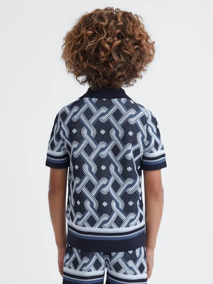 Children Reiss Shirts Hyde Knitted Cuban Collar ButtonThrough Shirt Navy Multi