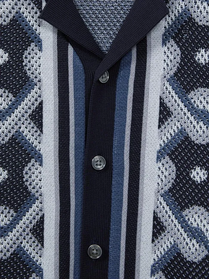 Children Reiss Shirts Hyde Knitted Cuban Collar ButtonThrough Shirt Navy Multi
