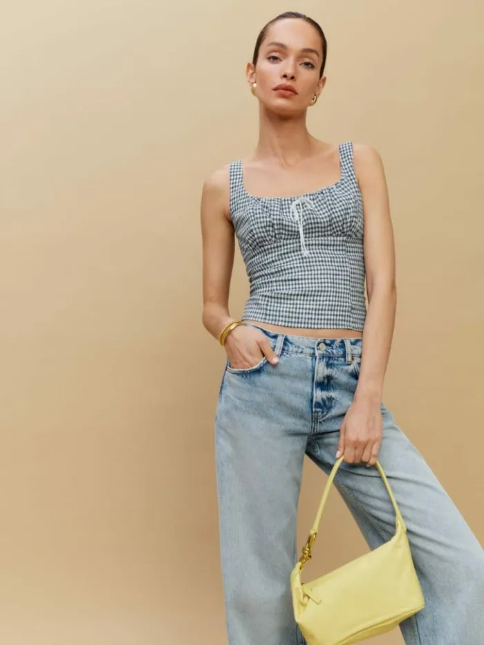 Clothing The Reformation Balia Linen Top Slate Check