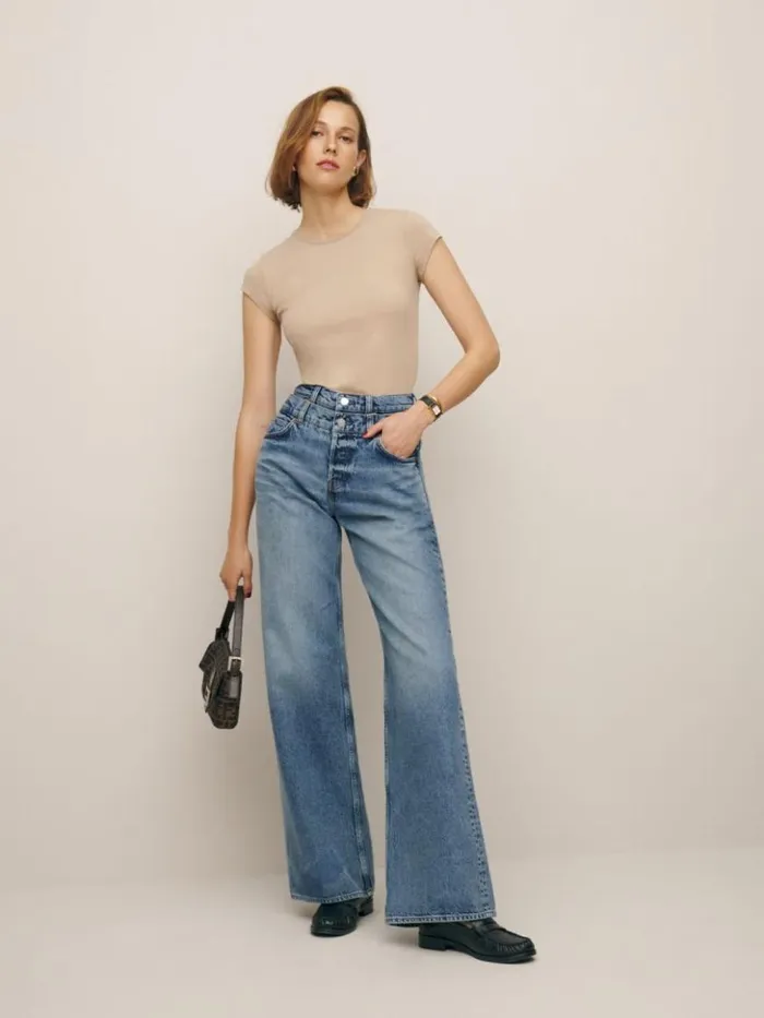 Clothing The Reformation Cary Double Waistband High Rise Slouchy Wide Leg Jeans Rainy