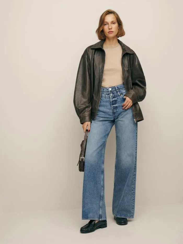 Clothing The Reformation Cary Double Waistband High Rise Slouchy Wide Leg Jeans Rainy