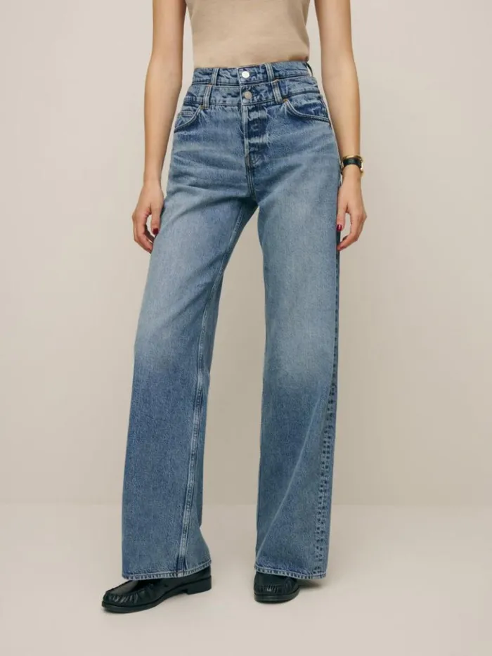 Clothing The Reformation Cary Double Waistband High Rise Slouchy Wide Leg Jeans Rainy