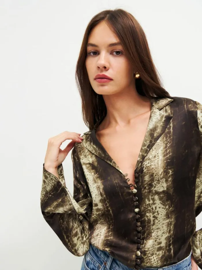Clothing The Reformation Jeremiah Silk Top Anaconda