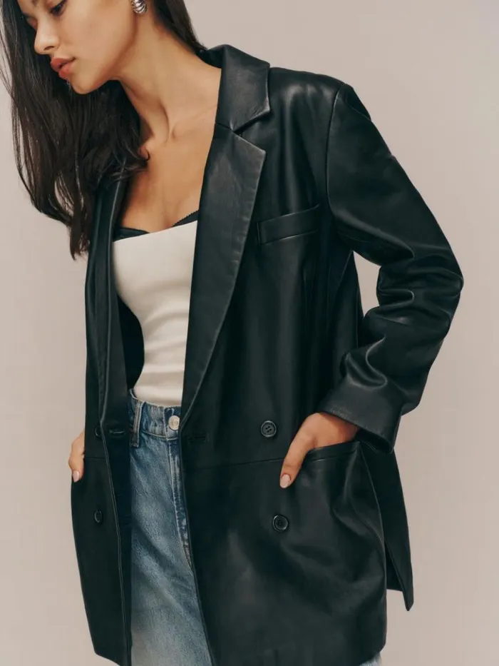 Clothing The Reformation Veda Dalia Relaxed Leather Blazer Black