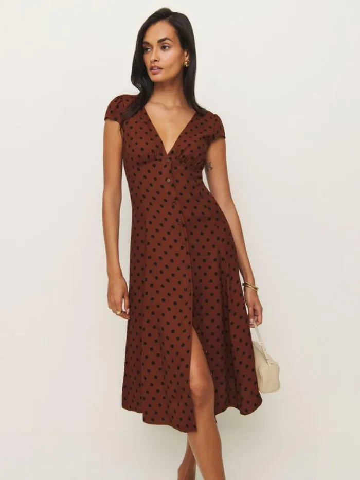 Clothing The Reformation Wilda Dress Fig Jam Dot