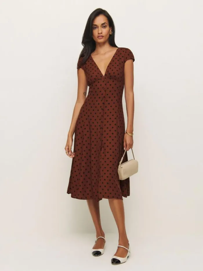 Clothing The Reformation Wilda Dress Fig Jam Dot
