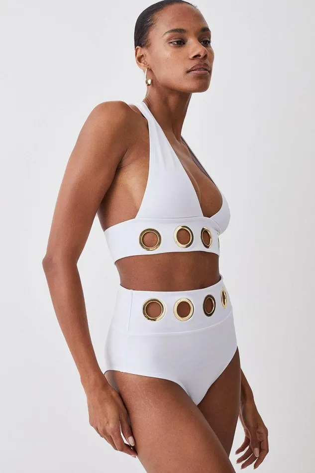 CoOrds Women Karen Millen Eyelet Detail Halter Neck Bikini Set White