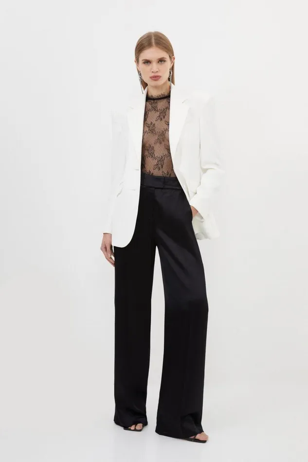 CoOrds Women Karen Millen Tailored Viscose Satin Back Crepe Wide Leg Trousers Black