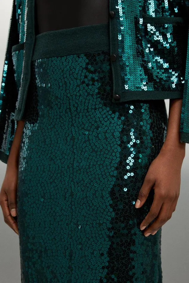 CoOrds Women Karen Millen Viscose Blend Sequin Knit Set Emerald