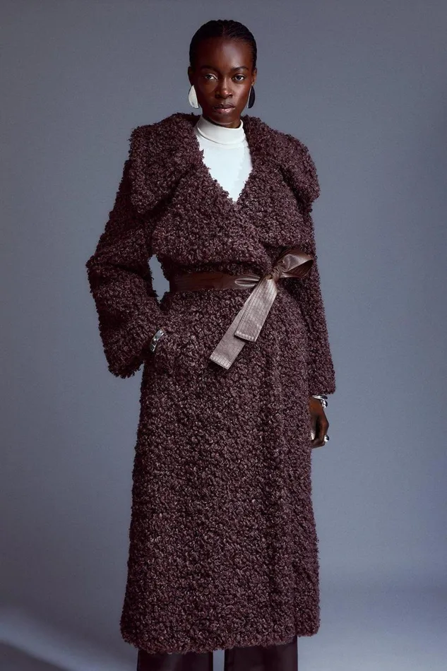 Coats and Jackets Women Karen Millen Belted Teddy Midi Coat Chocolate