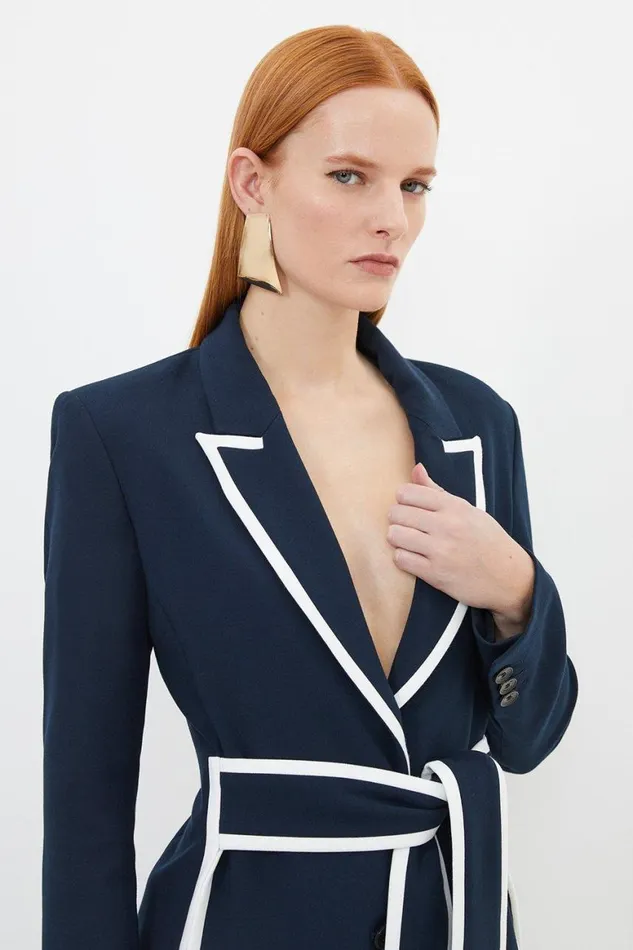 Coats and Jackets Women Karen Millen Compact Stretch Tailored Belted Tipped Detail Blazer Midnight Coats and Jackets Women Karen Millen Compact Stretch Tailored Belted Tipped Detail Blazer Midnight