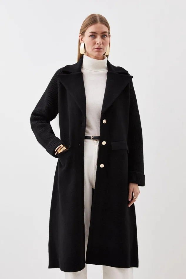 Coats and Jackets Women Karen Millen Compact Wool Blend Knit Sleeve Coat Black