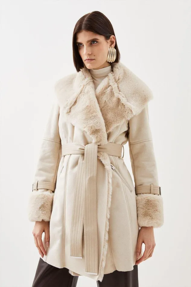 Coats and Jackets Women Karen Millen Faux Shearling Collar and Cuff Belted Short Coat Ivory