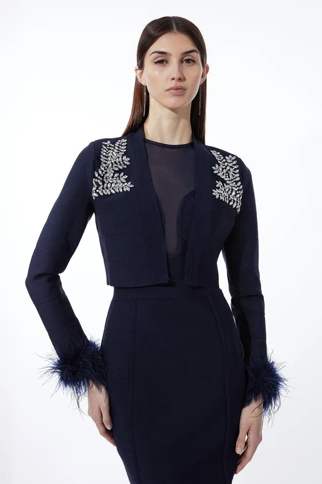 Coats and Jackets Women Karen Millen Figure Form Bandage Embellished Feather Cuff Crop Knit Jacket Navy Coats and Jackets Women Karen Millen Figure Form Bandage Embellished Feather Cuff Crop Knit Jacket Navy
