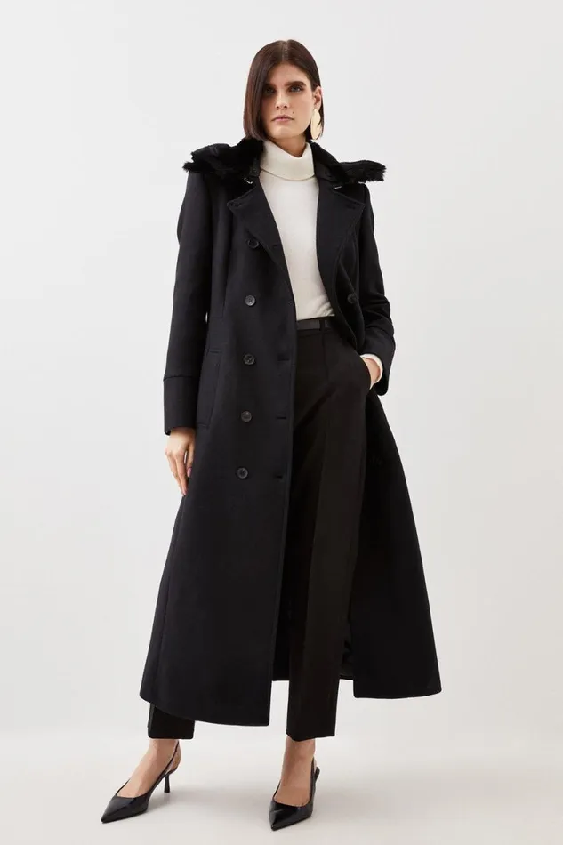 Coats and Jackets Women Karen Millen Italian Manteco Wool Blend Faux Fur Collar Coat Black