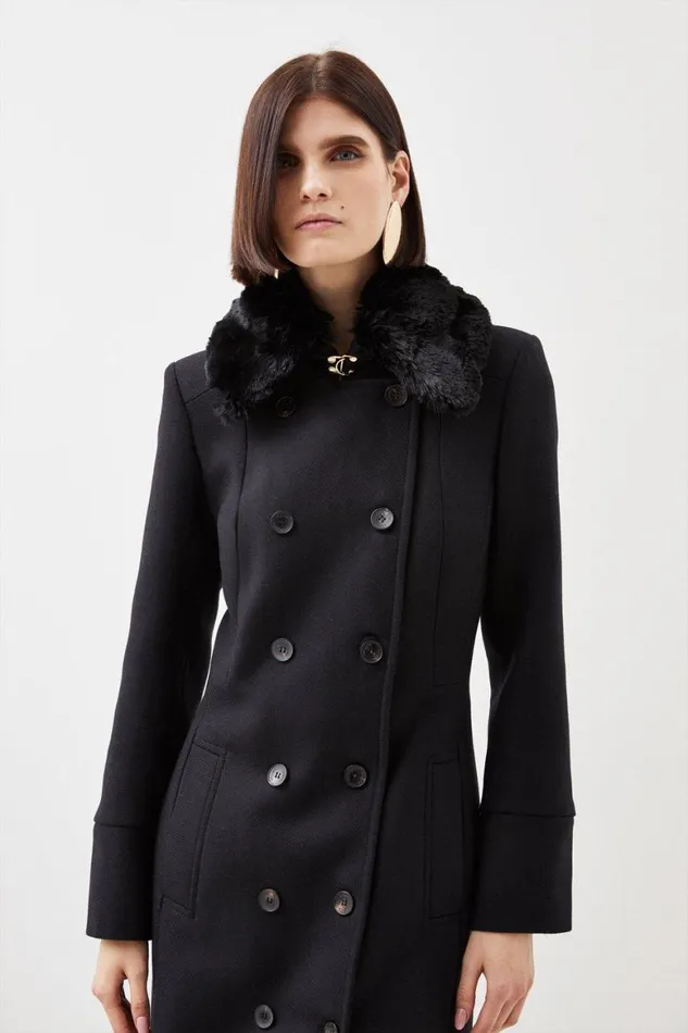 Coats and Jackets Women Karen Millen Italian Manteco Wool Blend Faux Fur Collar Coat Black