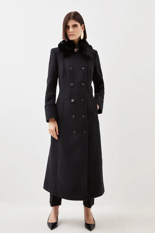 Coats and Jackets Women Karen Millen Italian Manteco Wool Blend Faux Fur Collar Coat Black