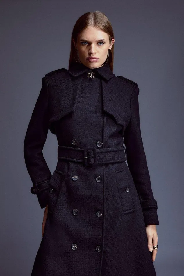 Coats and Jackets Women Karen Millen Italian Manteco Wool Blend Tailored Storm Flap Detail Belted Trench Coat Black
