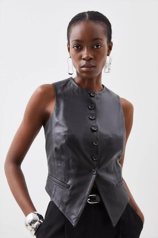 Coats and Jackets Women Karen Millen Leather Tailored Button Waistcoat Black