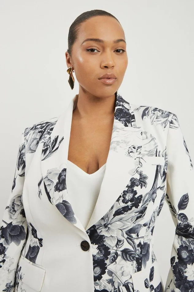 Coats and Jackets Women Karen Millen Plus Size Tailored Crepe Mono Floral Single Breasted Blazer Mono