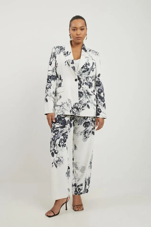 Coats and Jackets Women Karen Millen Plus Size Tailored Crepe Mono Floral Single Breasted Blazer Mono