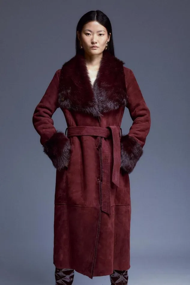 Coats and Jackets Women Karen Millen Shearling Cuff And Collar Wrap Belted Coat Fig