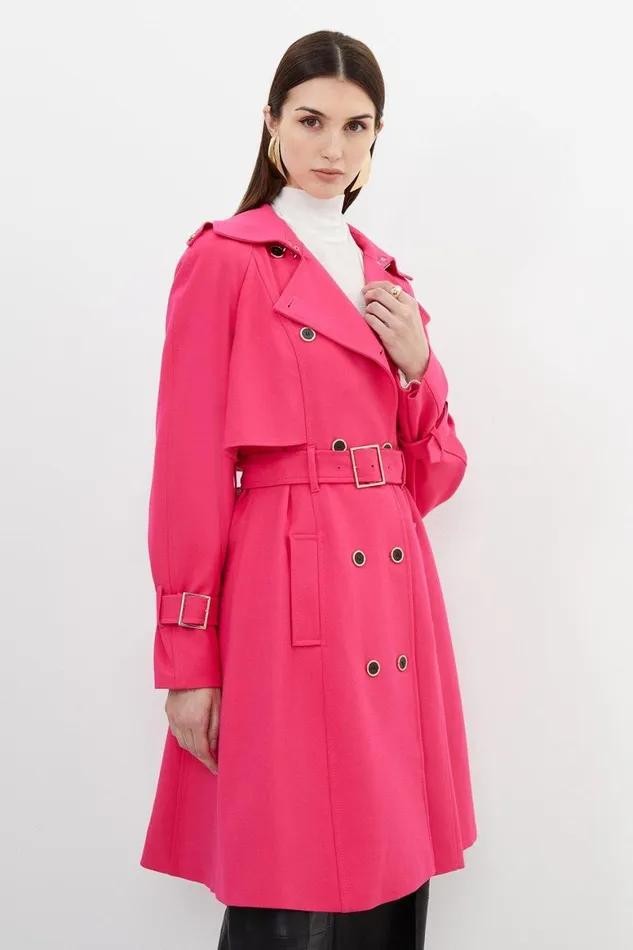 Coats and Jackets Women Karen Millen Tailored Compact Stretch Full Skirt Belted Trench Coat Pink