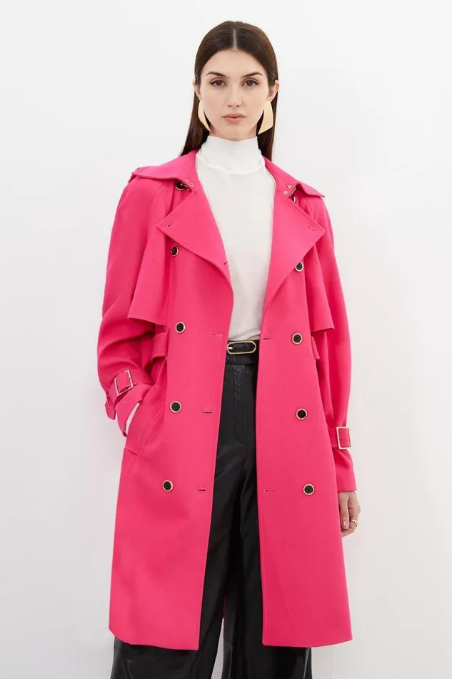 Coats and Jackets Women Karen Millen Tailored Compact Stretch Full Skirt Belted Trench Coat Pink