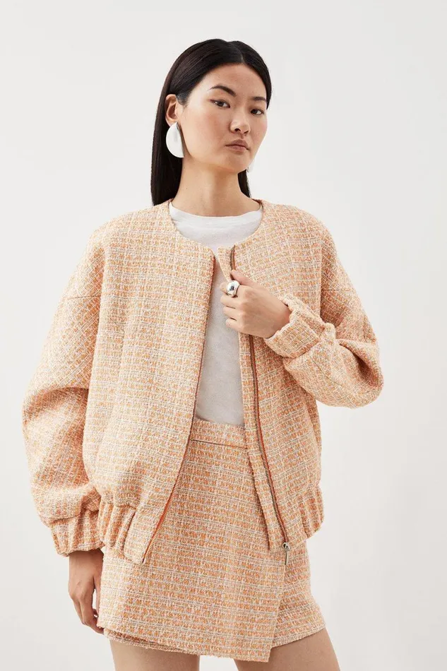 Coats and Jackets Women Karen Millen Tailored Orange Sparkle Boucle Bomber Jacket Orange Coats and Jackets Women Karen Millen Tailored Orange Sparkle Boucle Bomber Jacket Orange