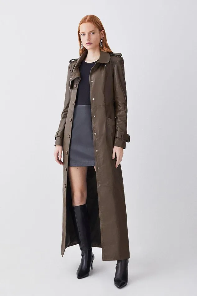 Coats and Jackets Women Karen Millen Tall Leather Maxi Trench Coat Military Green