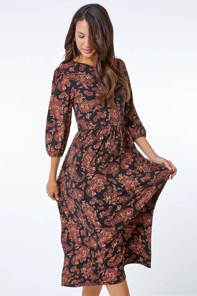 Copper Paisley Pocket Stretch Midi Dress Women Roman Dresses