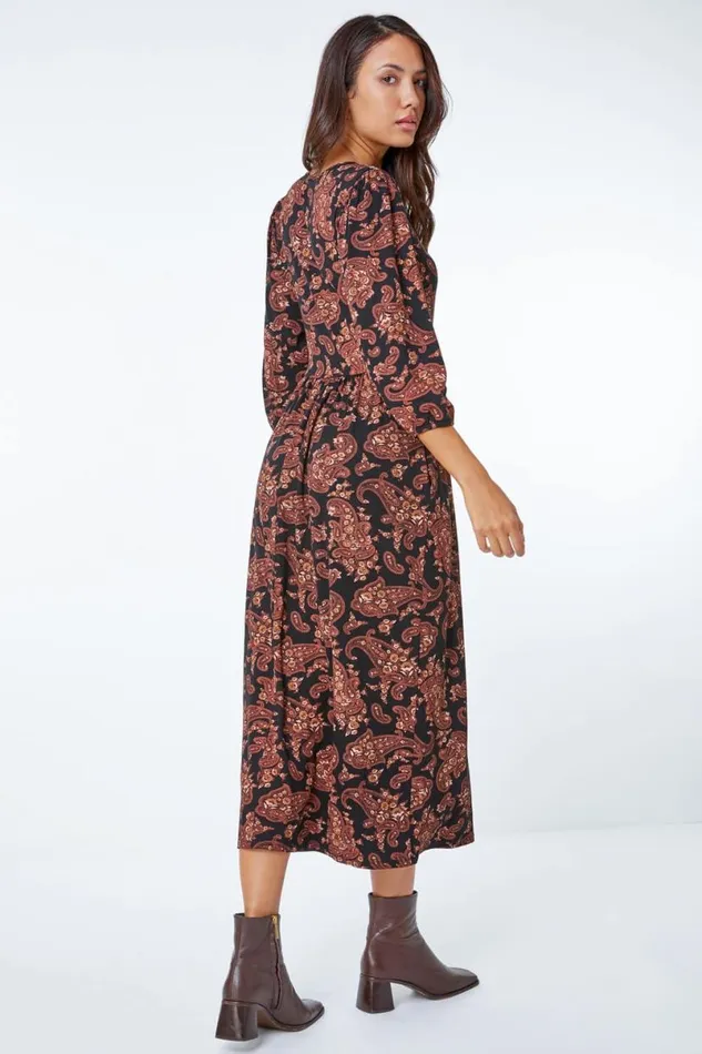 Copper Paisley Pocket Stretch Midi Dress Women Roman Dresses