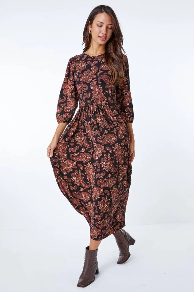 Copper Paisley Pocket Stretch Midi Dress Women Roman Dresses