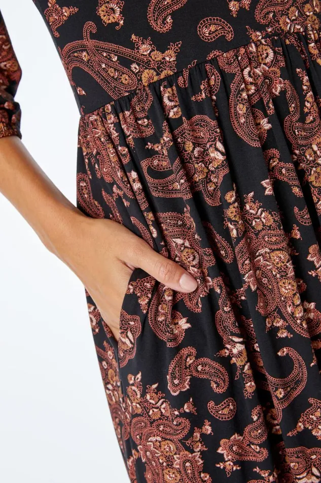 Copper Paisley Pocket Stretch Midi Dress Women Roman Dresses