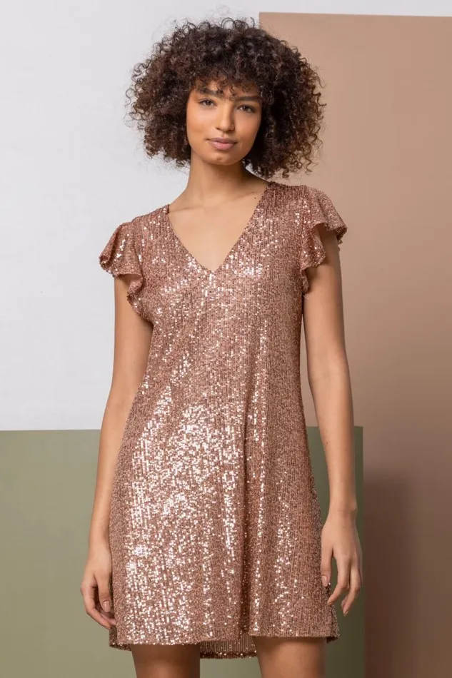 Copper Sequin VNeck Frill Sleeve Dress Women Roman Dresses