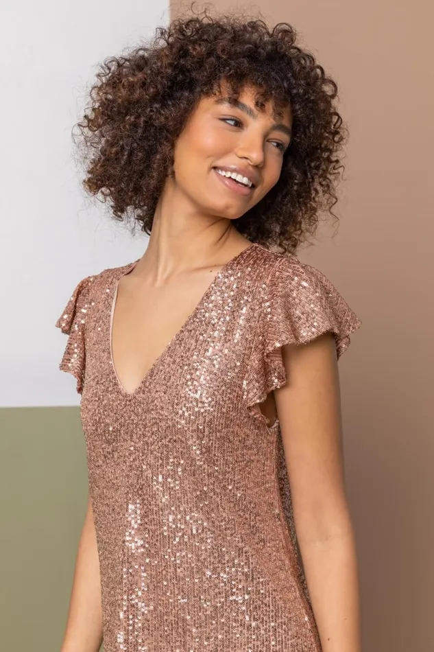 Copper Sequin VNeck Frill Sleeve Dress Women Roman Dresses
