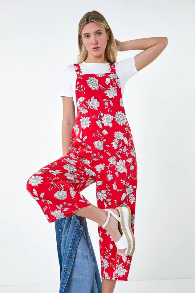 Coral Floral Print Pocket Jumpsuit Women Roman Dresses