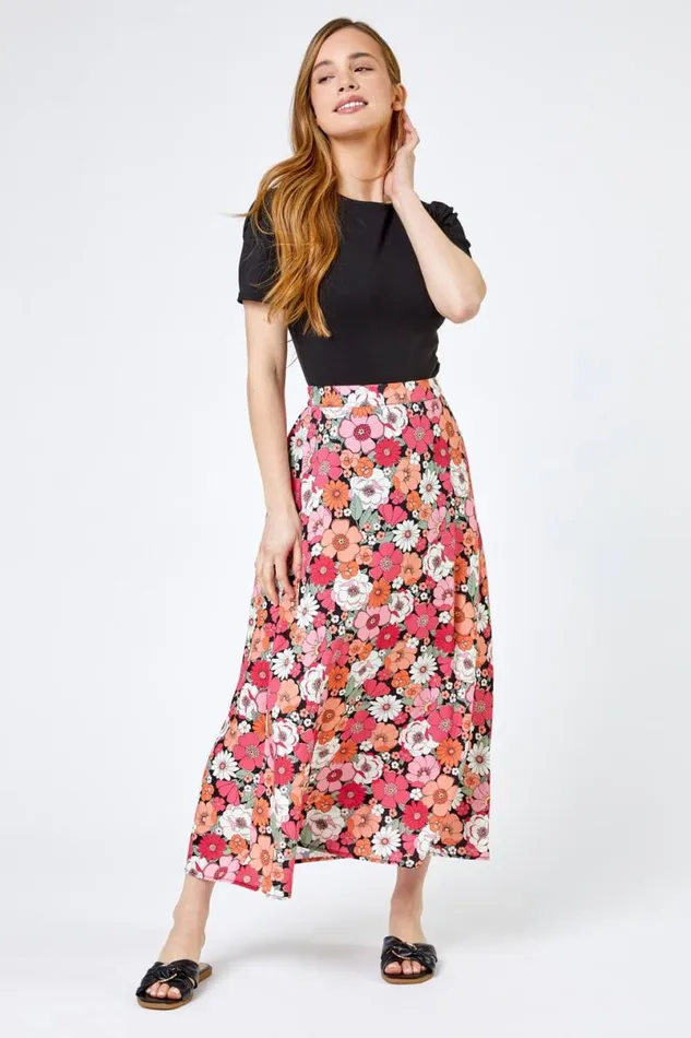 Coral Petite Floral Print ALine Skirt Women Roman Skirts