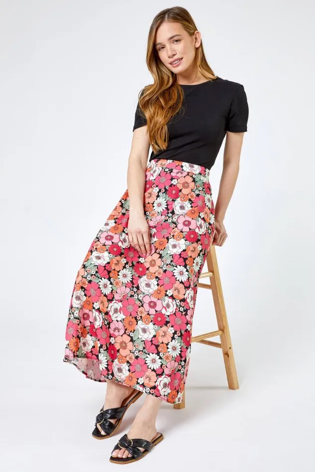 Coral Petite Floral Print ALine Skirt Women Roman Skirts