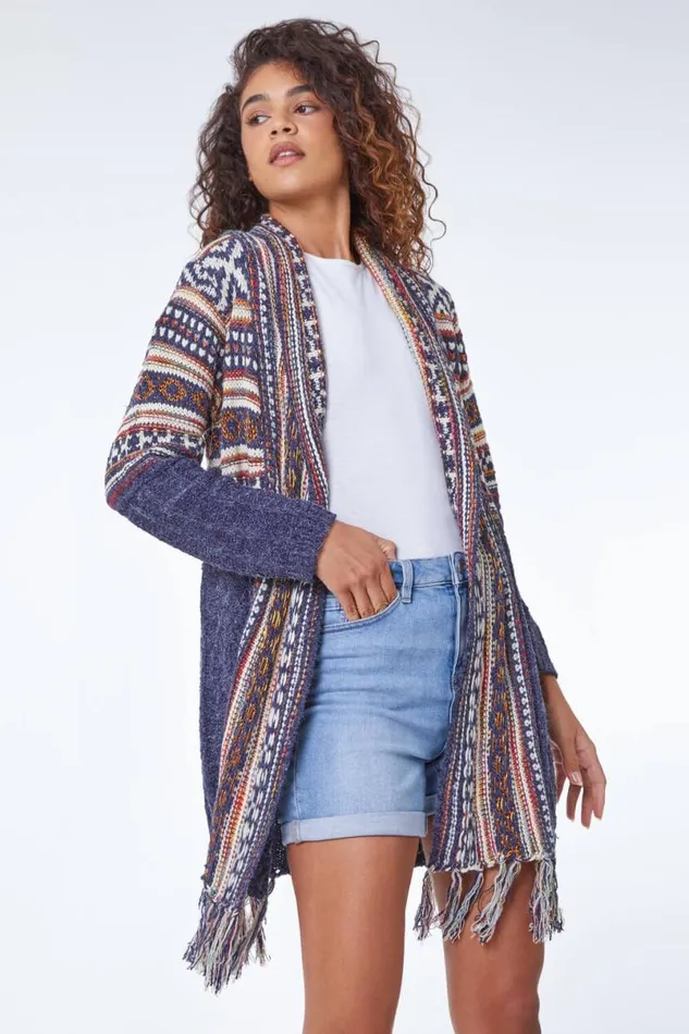 Denim Aztec Print Tassel Hem Longline Cardigan Women Roman Knitwear