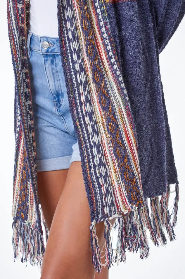 Denim Aztec Print Tassel Hem Longline Cardigan Women Roman Knitwear