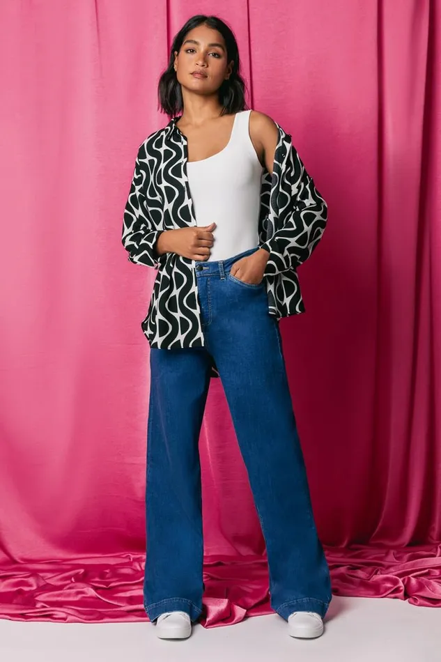 Denim Cotton Blend Wide Leg Stretch Jeans Women Roman Trousers