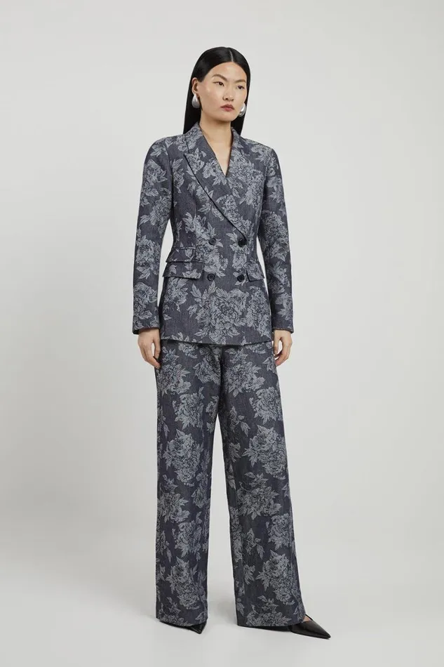 Denim Women Karen Millen Tailored Floral Denim Double Breasted Blazer Denim