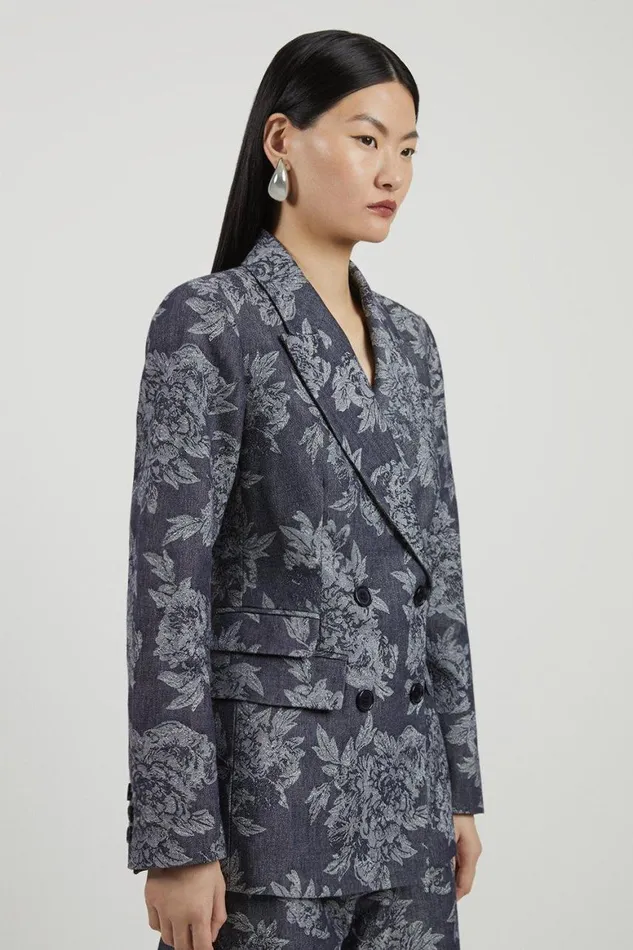 Denim Women Karen Millen Tailored Floral Denim Double Breasted Blazer Denim