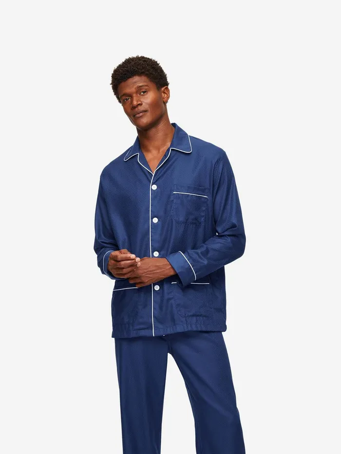 Derek Rose Classic Fit Pajamas Lombard 6 Cotton Jacquard Navy Men Cotton Pajamas